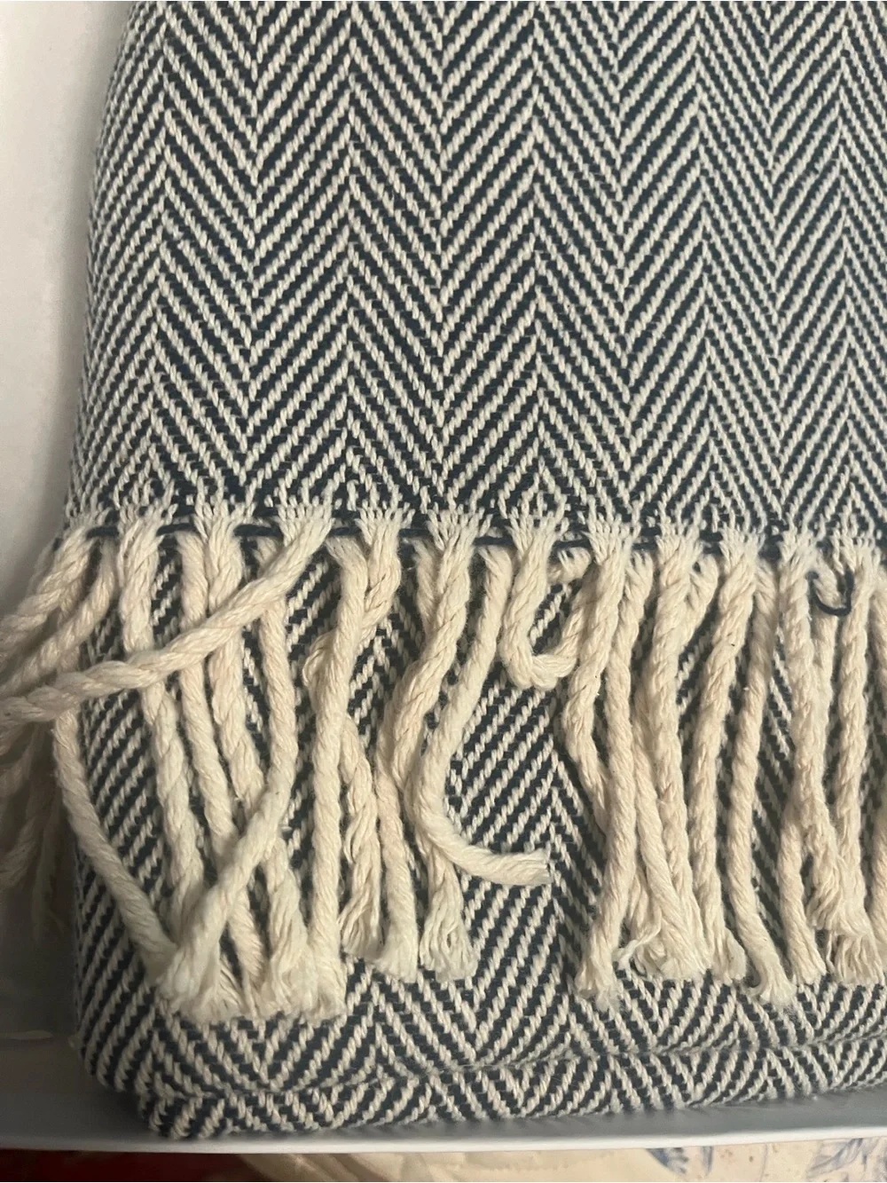 SFERRA NEW Celine Navy Herringbone Throw with Fringe 51